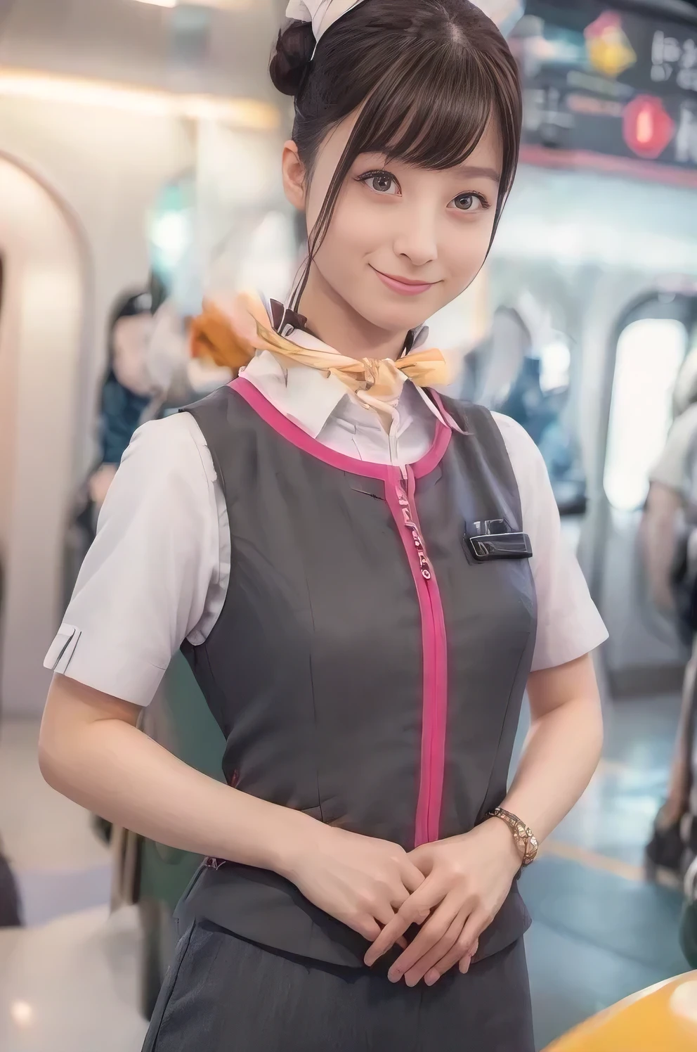 (masterpiece:1.2, Best Quality:1.2), 32kHDR,  high definition, (Alone、 one girl playing pranks)、（Take the Shinkansen、 professional lighting visible right in front of you）、Car interior background、（Realistic style of the JR Gran Class crew uniform ）、Short sleeve blouse、Put a scarf around your neck、（ JR Gran Class flight attendant uniform with pink parts on the sleeve of the skirt ）、（ The JR Gran Class flight attendant uniform has a pink line on the front zipper on the vest..）、 dark brown hair、（Hair tied up、Hair Bun、Hair Bun）、 dark brown hair、Long Hit、Big Breasts、（（Great hands：2.0）），（（ Harmonious Body Proportions ：1.5）），（（Normal limbs：2.0）），（（Usually refers to：2.0）），（（ Delicate Eyes ：2.0）），（（Normal eyes：2.0））)、Luxury Necklace、smile、Beautiful position,