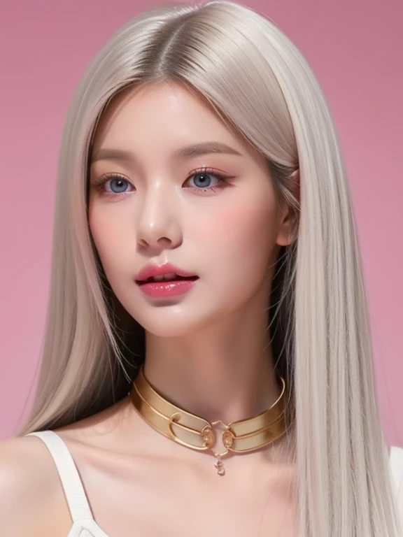 perfect figure beautiful woman：1.4，Layered Hair Style，Protruding cleavage，Pink two-dimensional clothing top：1.5，Highly Detailed Face and Skin Textur，double eyelid，Whiten the skin，long whitr hair，playing water，Collar and golden, pink lilac eyes, bambi eyes, white hair, hairs white