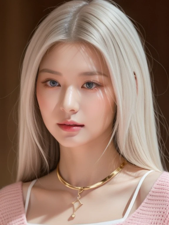 perfect figure beautiful woman：1.4，Layered Hair Style，Protruding cleavage，Pink two-dimensional clothing top：1.5，Highly Detailed Face and Skin Textur，double eyelid，Whiten the skin，long whitr hair，playing water，Collar and golden, pink lilac eyes, bambi eyes, white hair, hairs white