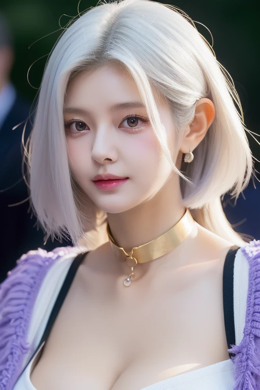 perfect figure beautiful woman：1.4，Layered Hair Style，Protruding cleavage，top two-dimensional clothing：1.5，Highly Detailed Face and Skin Textur，double eyelid，Whiten the skin，white long hair，playing water，Collar golden, purple lilac eyes, bambi eyes, white hair