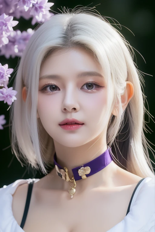 perfect figure beautiful woman：1.4，Layered Hair Style，Protruding cleavage，top two-dimensional clothing：1.5，Highly Detailed Face and Skin Textur，double eyelid，Whiten the skin，white long hair，playing water，Collar golden, purple lilac eyes, bambi eyes, white hair