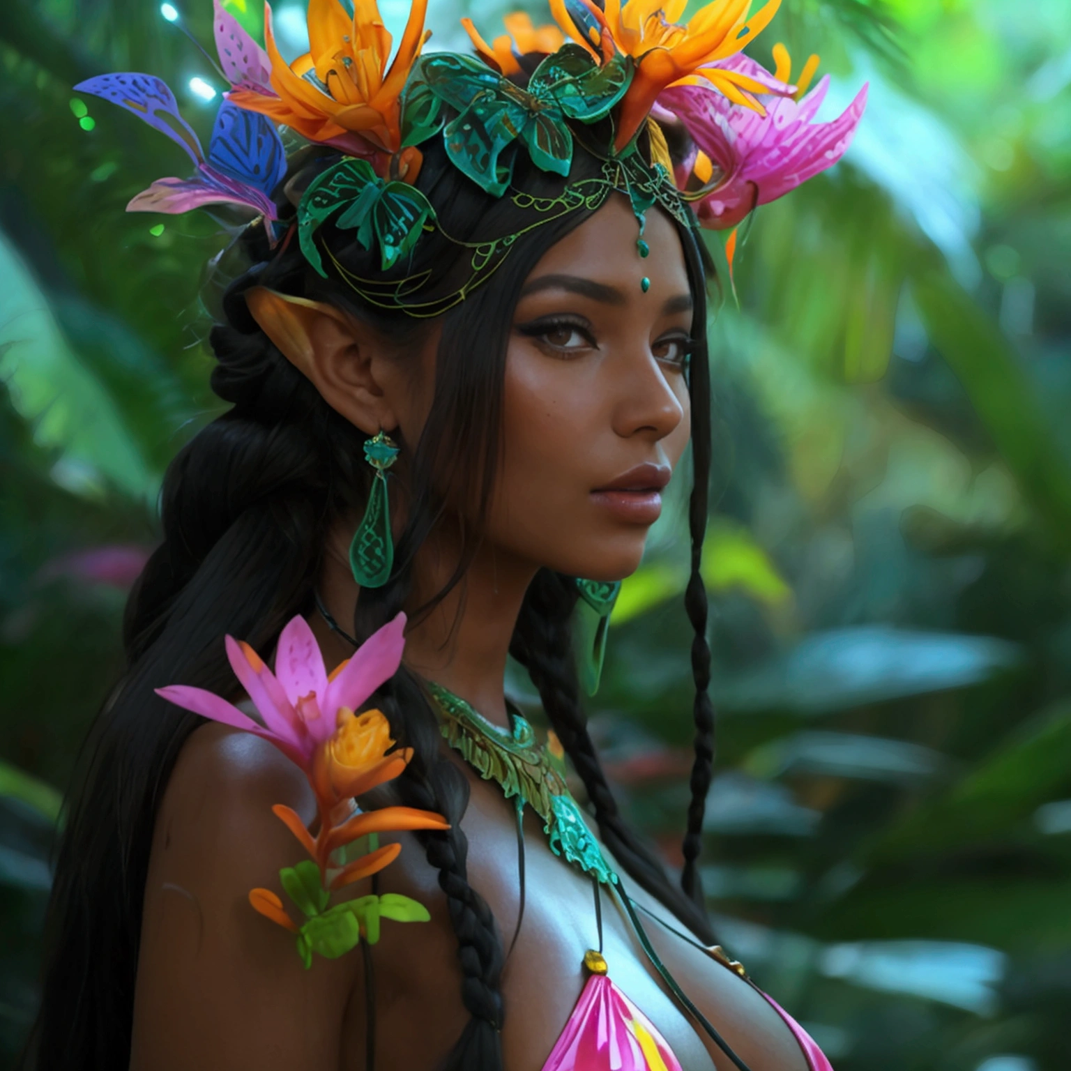 Exotic woman , king,  long hair with a braid. big boobs,  slime multicolored bikini ,  luminescent plants ,  colorful insects , forest at night. tall details ,  high quality, 