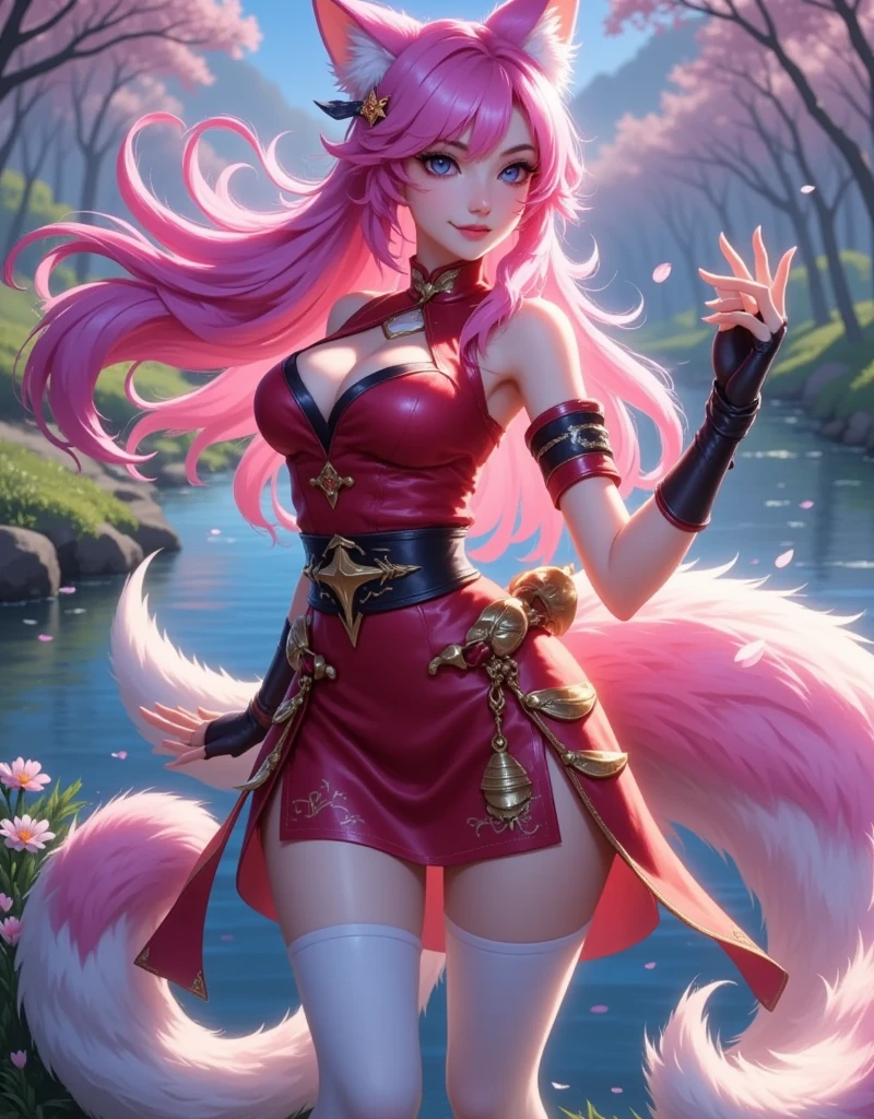 (solo, 1girl), (absurdres, ,highres, official wallpaper, poster), (masterpiece, best quality:1.2), (illustration, realistic), (perfect details, highest detailed, extreme detailed), dramatic light, starguardianxayah, (white thighhighs, fingerless gloves, hair ornament, star guardian \(league of legends\), chocker, multicolored hair, pink hair, purple hair, long hair, feather ornament, cloak), (skirt, mature female), (lake, standing)