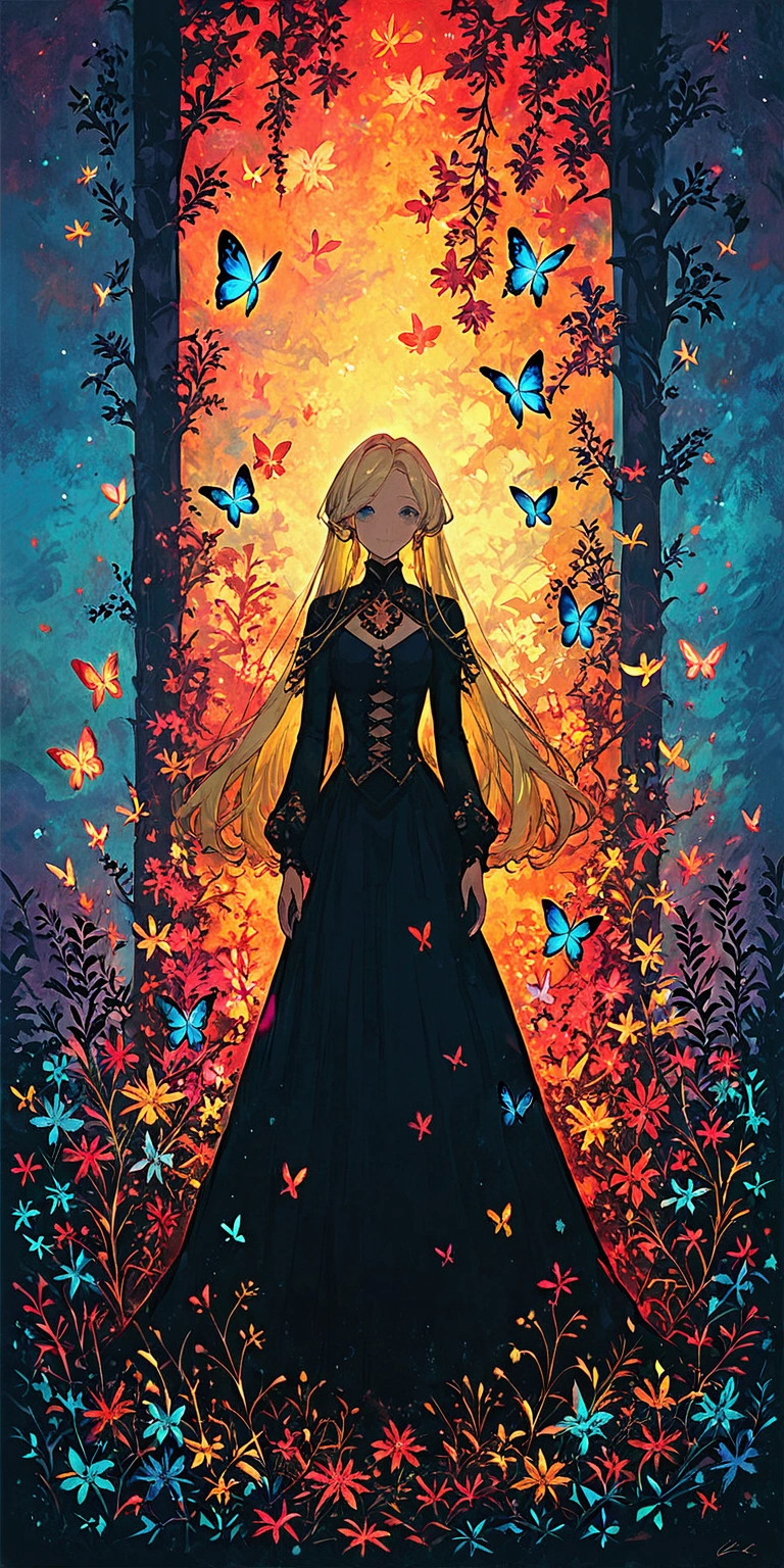 a very beautiful castle/(full body/),beautiful long blonde princess, colorful butterflies,many flowers and petals,colorful,pastel color,vivid color.score_9, score_8_up, score_7_up, score_6_up, score_5_up, score_4_up, source_anime,source_furry,rating_safe,rating_questionable,masterpiece, best quality, perfect anatomy , very aesthetic , absurdres ,vivid color,golden hour