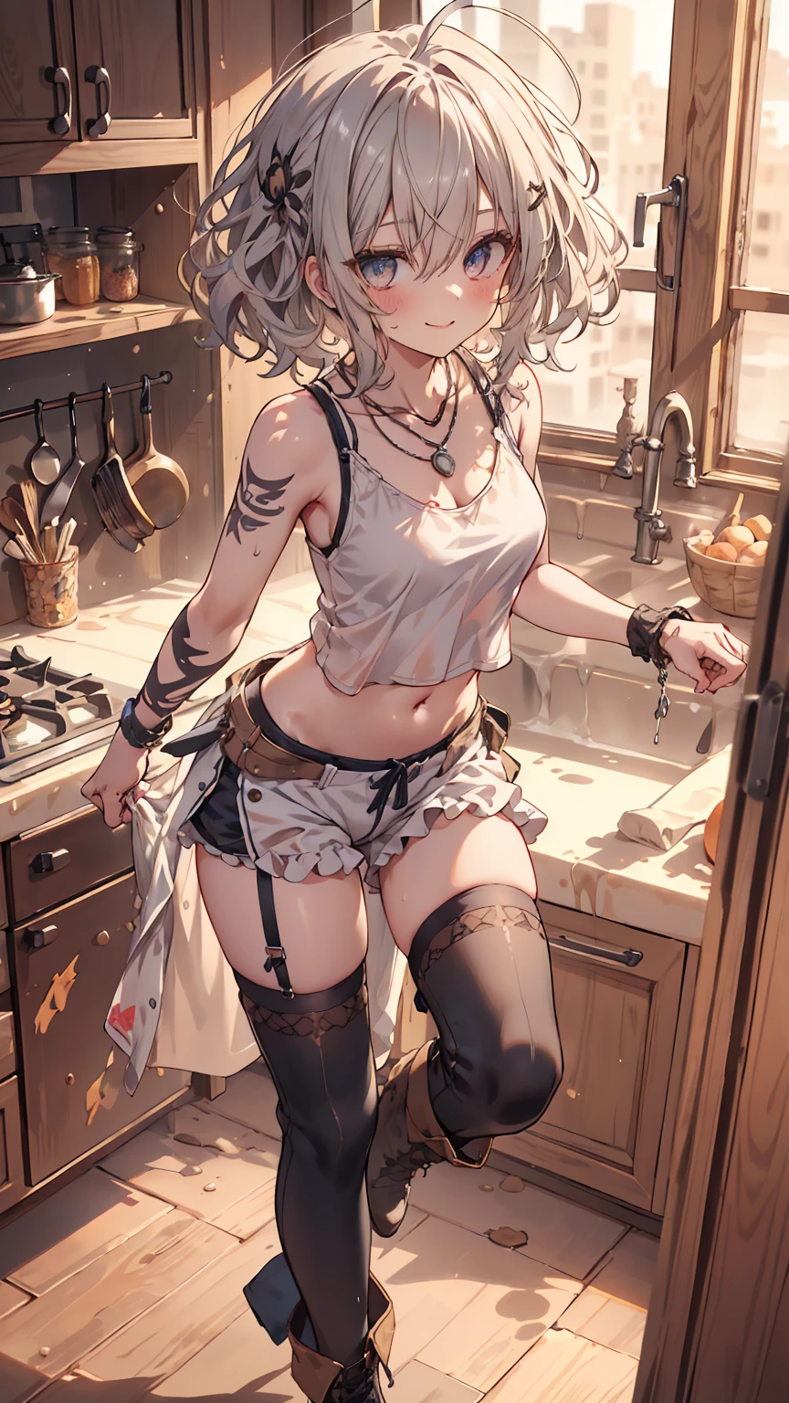 masterpiece, 1 girl, sparrow, a silver haired girl, wearing a medieval villager clothes, curly medium hair, messy hair, slim body, he close her left eye, shirt ornament, ruby eyes, ahoge, baby face, beautiful eyes, boots, droopy eyes, her age is 19, nagisa_bluearchive, seductive face, medium hair, seductive smile, curly hair, MongolPunkAI, medium breasts, view from right down, she tease you, lend a hand to you, she very close to you, smug smile, rainbow_one, tanktop, bloomers, crocth tattoo, necklace, erotic smile, kitchen, sleeveless, navel