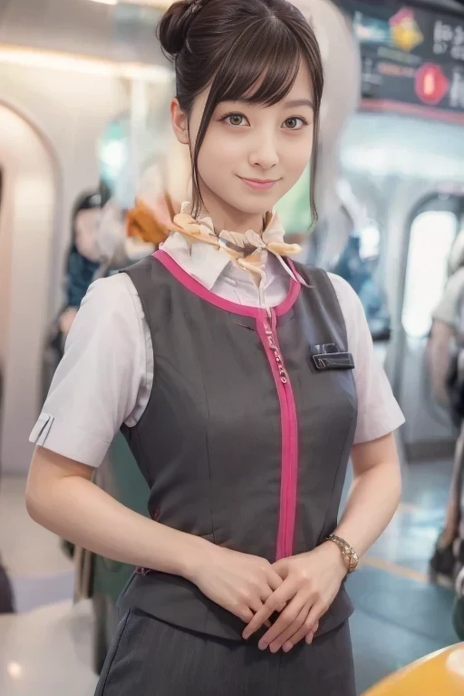 (masterpiece:1.2, Best Quality:1.2), 32kHDR,  high definition, (Alone、 one girl playing pranks)、（Take the Shinkansen、 professional lighting visible right in front of you）、Car interior background、（Realistic style of the JR Gran Class crew uniform ）、Short sleeve blouse、Put a scarf around your neck、（ JR Gran Class flight attendant uniform with pink parts on the sleeve of the skirt ）、（ The JR Gran Class flight attendant uniform has a pink line on the front zipper on the vest..）、 dark brown hair、（Hair tied up、Hair Bun、Hair Bun）、 dark brown hair、Long Hit、Big Breasts、（（Great hands：2.0）），（（ Harmonious Body Proportions ：1.5）），（（Normal limbs：2.0）），（（Usually refers to：2.0）），（（ Delicate Eyes ：2.0）），（（Normal eyes：2.0））)、Luxury Necklace、smile、Beautiful position,