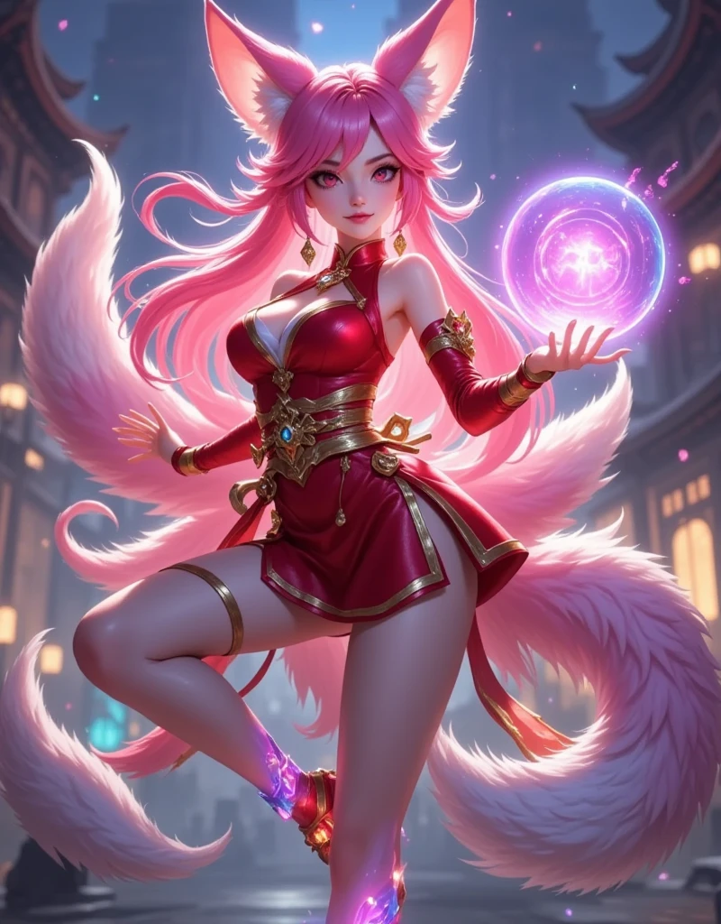 [Vision:1.0]，[Wide Angle:1.0]，Three-dimensional ancient style，Vivid Chinese Aesthetics， League of Legends Ahri，whole body照，Perfect hands ， long pink hair， Nine fox tails on the coccyx，Pink fox ears，Red warrior outfit， Energy ball in hand，wallpaper， Game battlefield background， Sexy oriental face，Game Screen， Beautiful facial features，(whole body:1.4)， bright colors ，Sparkling Clothing，Use flash stone pattern， Shoes made of translucent crystal， Colorful gradient fluorescent ribbon， exquisite，Light Wave，Tradition， exquisite，Perfect composition， Ultra HD，Crescent Earrings，Raise eyebrows，Baoyu Fengzhi，Forehead Gem，(Look directly at the audience:15)，((((Facing the audience))))，Heavenly Goddess，Astral，dream，Beautiful celestial spirit，Beautiful fantasy paintings，Beautiful fantasy art，Ethereal fantasy， Very beautiful fantasy art，Digital Art Fantasy， Enchanting and otherworldly，Fantasy Beauty，Volumetric Light，Natural soft light，(Ultra-fine:1.2，Bright colors， movie lighting， Light and Dark Contrast， ray tracing， Surrealism ，UHD，masterpiece，precise， Anatomically correct ，Textured Skin， superdetail，8k)
