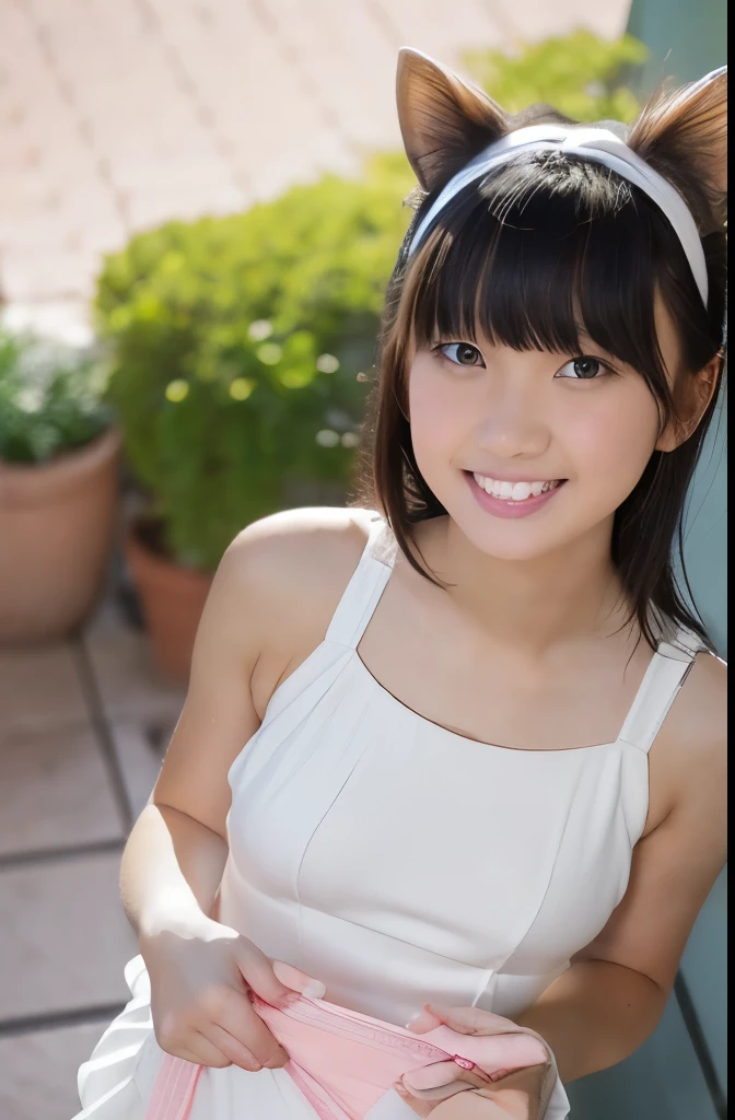 1girl in, :D, ****, animal ear fluff, Animal ears, Bangs, black hairbanD, long black hair, Blurry, Blurry backgrounD, Depth of fielD, Dress, flower, flower pot, ((plain Dress:1.2)), hairbanD, holDing, Long hair, Open mouth, pink flower, plant, potteD plant, sketch, Sleeveless, ((Sleeveless Dress:1.2)), Smile, Solo, tail, Wrist cuffs, yellow flower, 1980s (Style),  ((white Micro-bikini underwear panty is exposed:1.2))