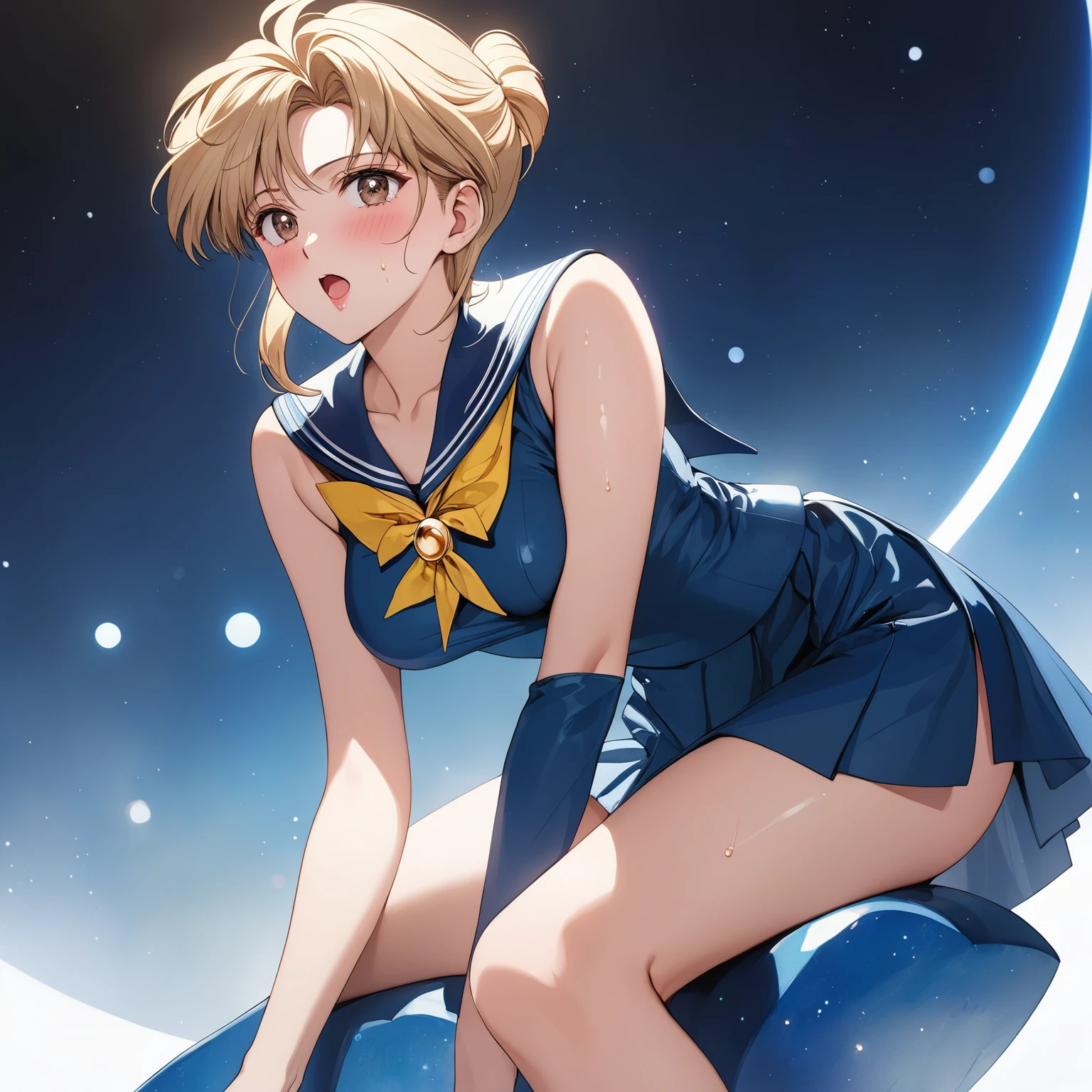 masterpiece, Best Quality, High resolution,16k,official art,super detailed skin,detailed,animated painting,(Sailor uranus:1.5),(E-cup beautiful breasts)、 (tall:1.2),height: 175cm,Fashion model body type、clevage,Sexy long legs, pale blondy hair,very shortcut hair、boyish,brown eyes,  (sailor uranus costume:1.5),Sweating all over the body、Muscular、1girl,solo,shy,blush,(vulgarity:1.2)、(Ahegao:1.3),Anime-style painting style,Close up on upper body,Cinematic lighting,Superfine,Seductively Posing,dynamic angle,extreme closeup shot,simple white background