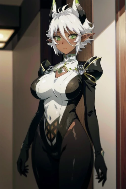 (ultra-detailed), masterpiece,solo, large breasts, zest1, green eyes, mechanical horns, pointy ears, white hair, short hair, dark-skinned female, blush stickers, bodysuit, shrug \(clothing\), center opening, white leotard, striped leotard, innerboob, navel, black gloves, green trim, turtleneck, pauldrons, green eyes, horns, pointy ears, white hair, short hair, dark-skinned female,