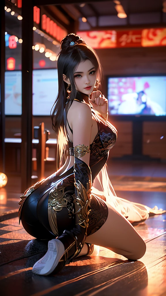 Solo, Octane Rendering,1 beautiful woman, Wuxia World, (1 Girl),kneeling,close of butt, Chinese Immortal Wuxia, star shape pupils,Shiny eyes,chinese coil bun, hair pin, red Lips, (young), Facial Highlight, upper half body, Detail Face, White skin, Look at the audience, Big Eyes, Earrings, slender fit body, Professional Lighting, photons mapping, Light Energy Transfer, physics based rendering(Physically Based Rendering), 8K UHD, SLR (Windows Relax), Soft light, High Quality, high resolucion, (Very detailed CG unity 8k wallpapers)