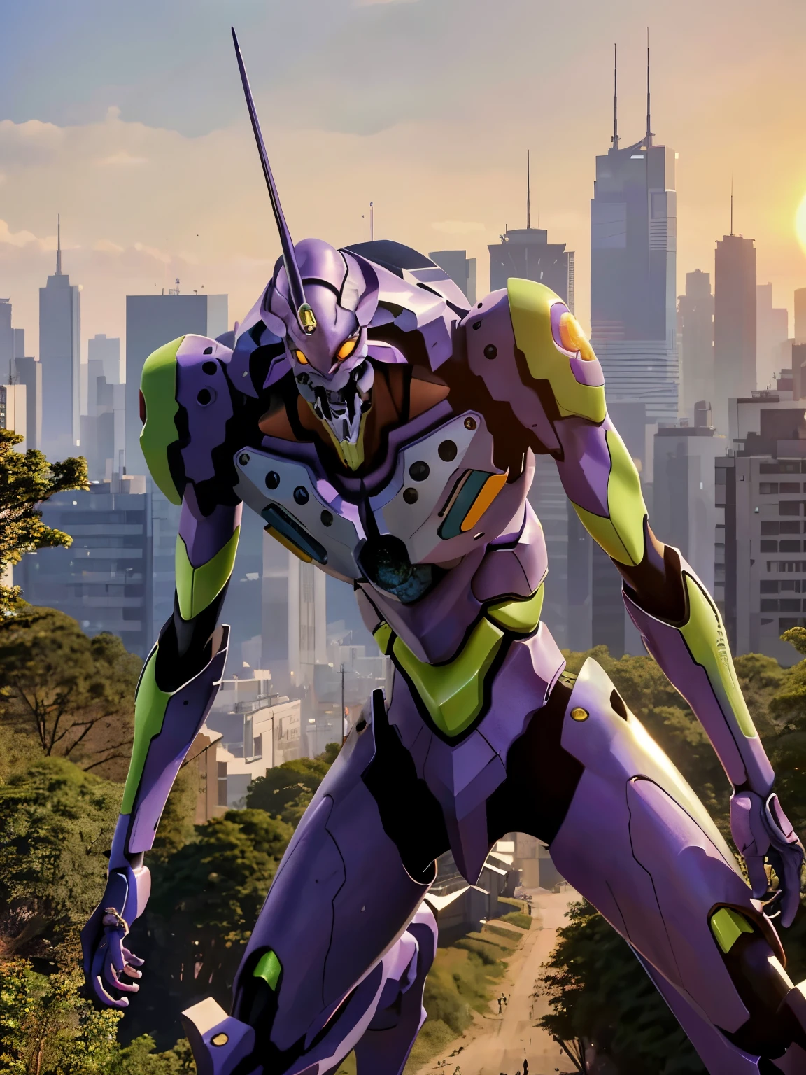 
(Eva01), (Eva初号機),Realistic, Eva, evangelion mecha Realistic, SF,  Staring at the Audience , (Official Art,  Mejor calidad , masterpiece: 1.2),  high definition,  background, 8K HDR,(Extremely biological ),( has a pro knife ),( see a beautiful abstract background {x} smooth body surface like a living organism),( A futuristic city with few bullets and a beautiful organic ),(The head is the first unit),(organic giants ),Full body portrait,(Broad shoulders),( musculoskeletal々),(Hunchback),( Satu Stance),( open their mouths to see the internal teeth),( Beautiful Sunsets ),