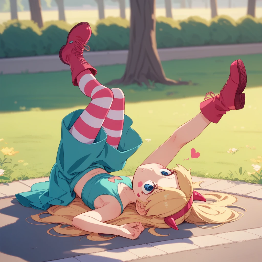 starbutterfly, stylized range murata art, 1girl, blonde gold hair, horned headwear, hairband, long hair, solo, heart, blue eyes, facial mark, very long hair,teal dress,striped pantyhose,boots, blush heart stickers. Hanging upside downcon monkeybars having fun, belly showing, one boot fell off, 1 foot is barefoot, park