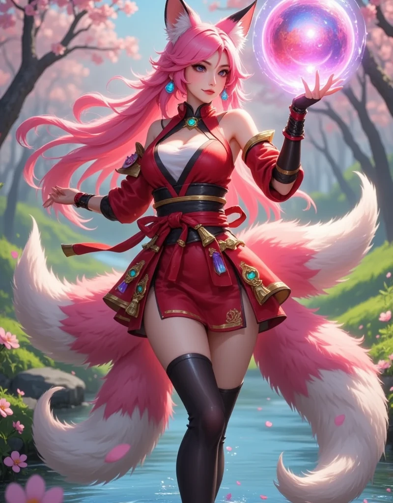 LeagueofLegendsAhri, full body photo, 1girl, perfect hands, long pink hair, nine fox tails on the tailbone, pink fox ears, red samurai outfit, using energy ball on hand, wallpaper, peach orchard, stream background, oriental sexy face, whole body, long shot , game screen