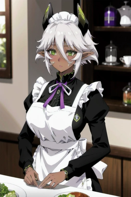 (ultra-detailed), masterpiece,solo, large breasts, zest1, green eyes, mechanical horns, pointy ears, dark-skinned female, blush stickers, apron, maid headdress, maid apron, purple dress, long sleeves, collar, neck ribbon