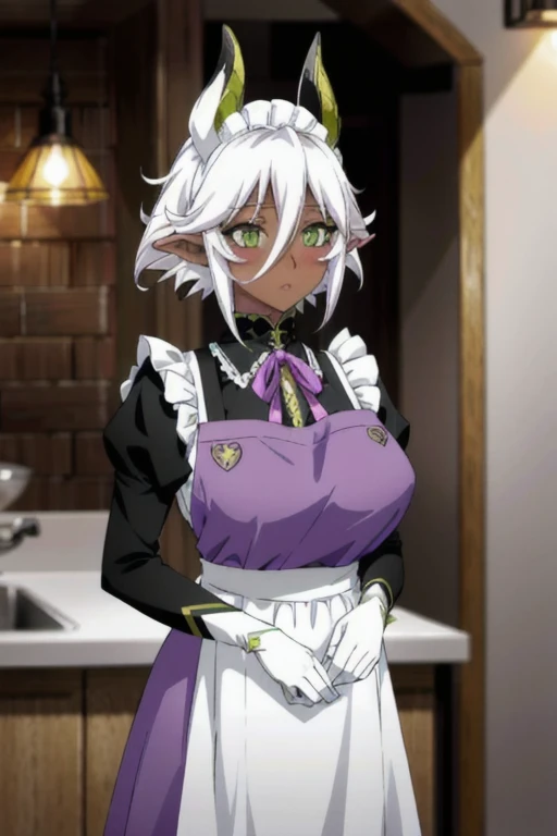 (ultra-detailed), masterpiece,solo, large breasts, zest1, green eyes, mechanical horns, pointy ears, dark-skinned female, blush stickers, apron, maid headdress, maid apron, purple dress, long sleeves, collar, neck ribbon