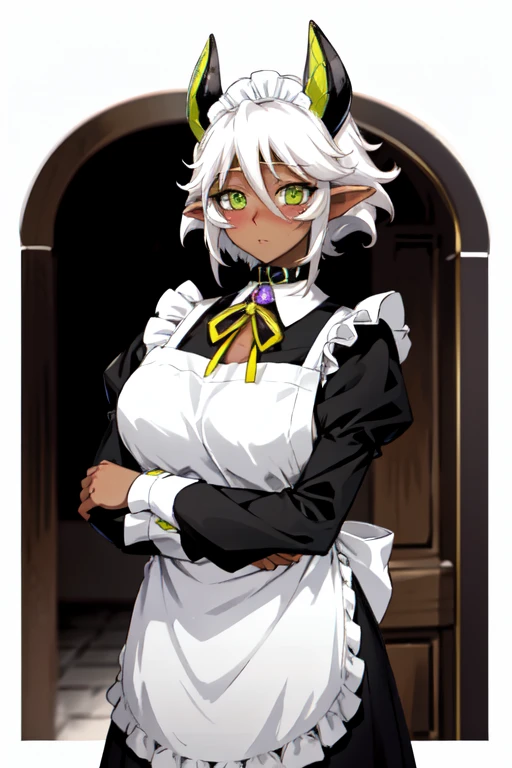 (ultra-detailed), masterpiece,solo, large breasts, zest1, green eyes, mechanical horns, pointy ears, dark-skinned female, blush stickers, apron, maid headdress, maid apron, purple dress, long sleeves, collar, neck ribbon