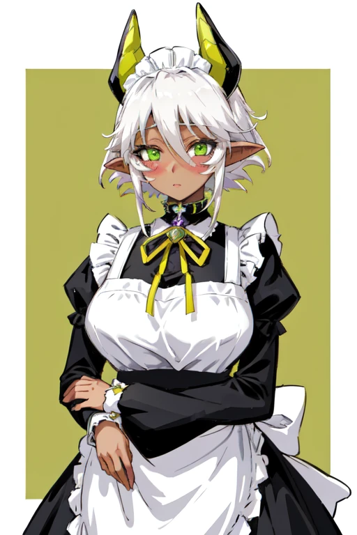 (ultra-detailed), masterpiece,solo, large breasts, zest1, green eyes, mechanical horns, pointy ears, dark-skinned female, blush stickers, apron, maid headdress, maid apron, purple dress, long sleeves, collar, neck ribbon