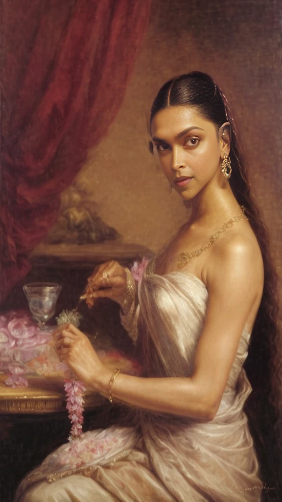 ((Deepika Padukone as Lady Making A Garland)), Masterpiece, Best quality, high clarity eyes, beautifully styled hair, critically flawless,sharp picture, detailed side , detailed skin, skin pores, Full portrait, High pixels, perfect face, perfect eyes, beautiful face, perfect hands,perfect fingers, in Peter Paul Rubens style, by Peter Paul Rubens, baroque style, acrylic on canvas, highly detailed, description: "Create a nymph inspired by the tales of Greek or Roman mythology, embodying the essence of a natural element or location, and possessing a unique ability or trait that sets her apart." 4k UHD, 