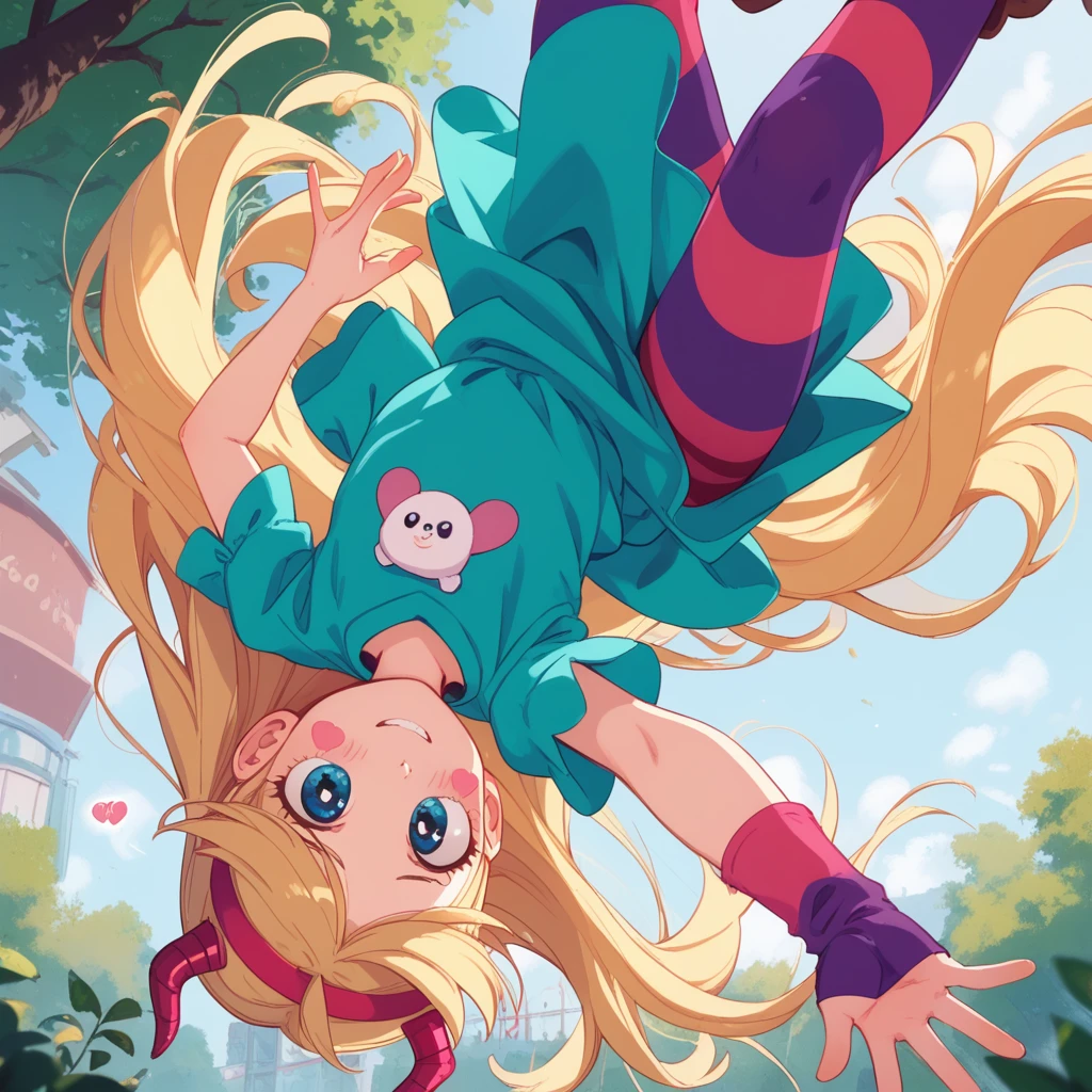 starbutterfly, stylized range murata art, 1girl, blonde gold hair, horned headwear, hairband, long hair, solo, heart, blue eyes, facial mark, very long hair,teal dress,striped pantyhose,boots, blush heart stickers. Hanging upside downcon monkeybars having fun, belly showing, one boot fell off, 1 foot is barefoot, park