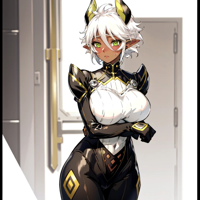 Zest, green eyes, mechanical horns, pointy ears, white hair, short hair, dark-skinned female, blush stickers, bodysuit, shrug \(clothing\), center opening, brown leotard, striped leotard, innerboob, white pantyhose, navel, black gloves, green trim, turtleneck, pauldrons