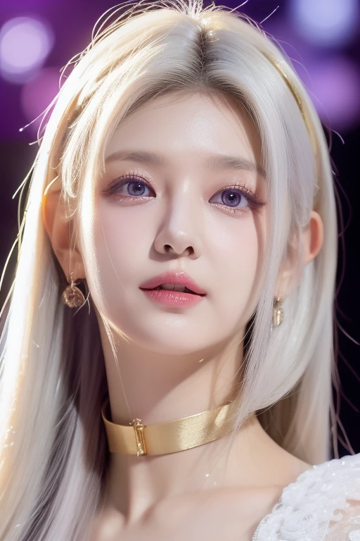 perfect figure beautiful woman：1.4，long Hair Style，Protruding cleavage，top clothing：1.5，Highly Detailed Face and Skin Textur，double eyelid，Whiten the skin，white long hair，playing water，Collar golden, purple lilac eyes, bambi eyes, white hair