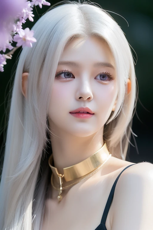 perfect figure beautiful woman：1.4，long Hair Style，Protruding cleavage，top clothing：1.5，Highly Detailed Face and Skin Textur，double eyelid，Whiten the skin，white long hair，playing water，Collar golden, purple lilac eyes, bambi eyes, white hair