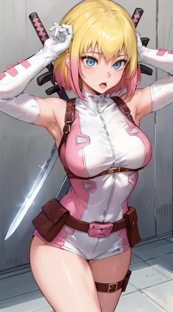 Gwenpool,  1 girl, arms,  blond hair, Multicolored Hair, Alone,  blue eyes , sword, Pouch,  superhero ,  short hair,  gradation hair,  opens her mouth, belt, Two-tone hair,  Pink Hair, breast, Gloves, belt Pouch