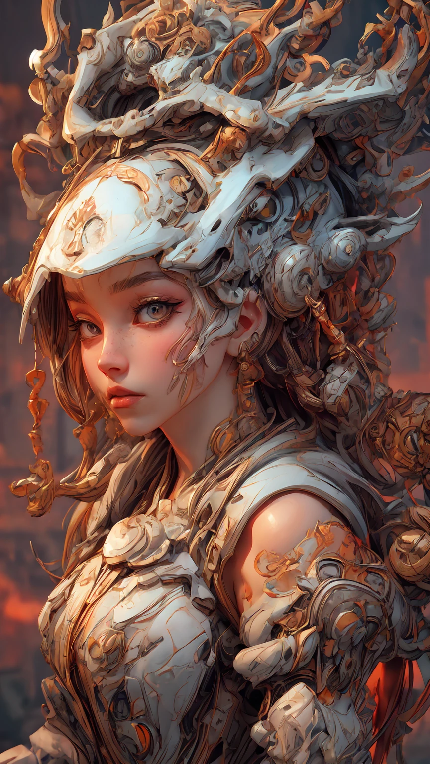 (masterpiece), semi-realism, anime studio, 1girl, expressive eyes, ((pale gothic makeup)), beautiful face, black mascara, ((black lipstick)), black eye shadow, smiling mischievously, ((white pale skin)), red cheeks, ((green eyes)), black lipstick, long braids, meccog, cog, steampunk outfit, corset, belt, long trousers, boots, tophat, close shot, face shot, view from above, foreshortening,