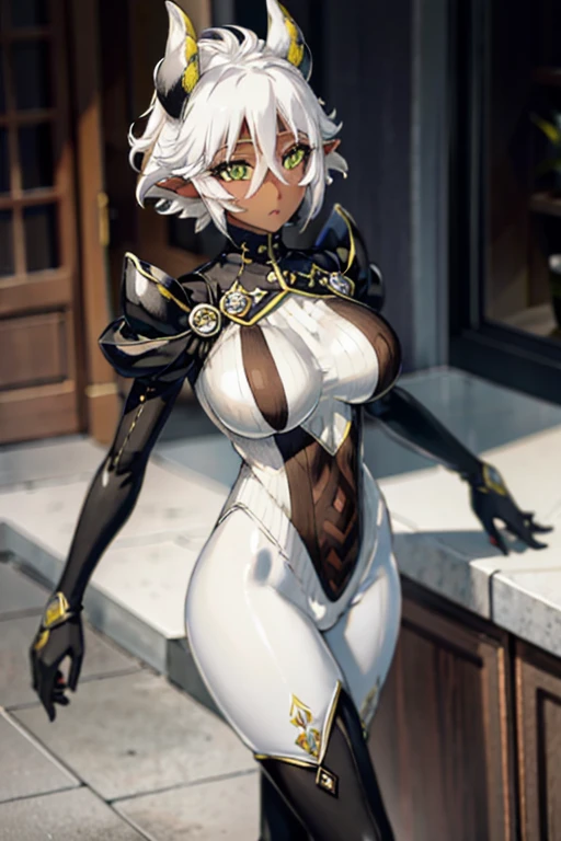 ultra-detailed), masterpiece,solo, large breasts, zest1, green eyes, mechanical horns, pointy ears, white hair, short hair, dark-skinned female, blush stickers, bodysuit, shrug \(clothing\), center opening, white leotard, white leotard, innerboob, navel, black gloves, green trim, turtleneck, pauldrons, black heel boots, standing