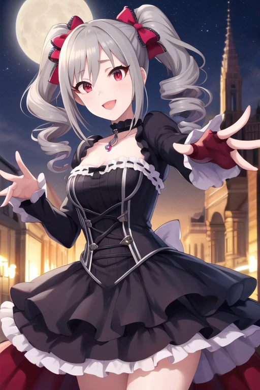 masterpiece, Best Quality,  high definition, Arlanco, Long Hair,  twin tails,  twin drill,  hair bow, medium breasts,  choker,  clevis, frills, gothic,  dress,  long sleeve,  is reaching out, smile,  opens her mouth,  Knight , city,  cowboy shot, moon,  Knight , (Perfect hands,  perfect anatomy ),, five fingers