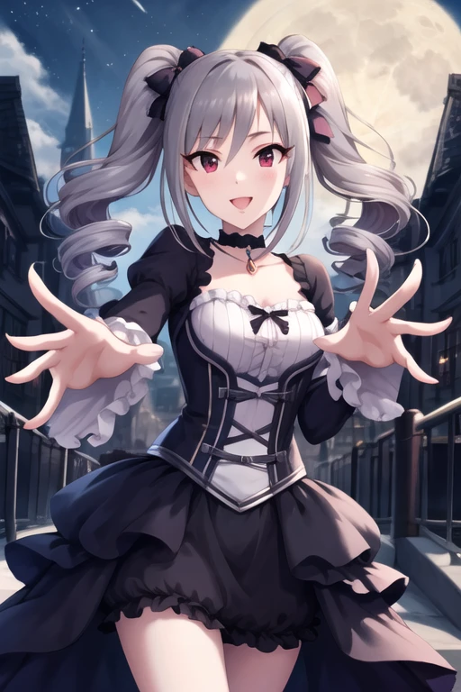 masterpiece, Best Quality,  high definition, Arlanco, Long Hair,  twin tails,  twin drill,  hair bow, medium breasts,  choker,  clevis, frills, gothic,  dress,  long sleeve,  is reaching out, smile,  opens her mouth,  Knight , city,  cowboy shot, moon,  Knight , (Perfect hands,  perfect anatomy ),, five fingers