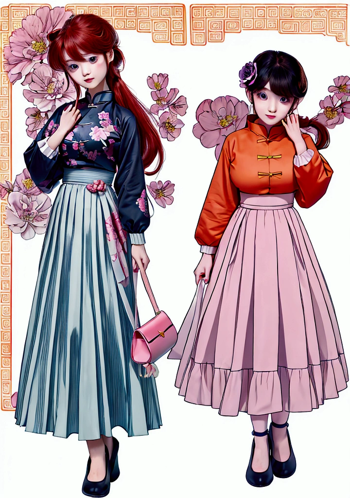 Create Female Ranma, Clear outline, Full body color photo, ( Beautiful and delicate eyes), ( pretty face:1.3), Wakaki's Smiling Face , long red hair， Bangs,  blue-gray eyes ,  big eyes， Chubby  ，(Chinese Hansel :horse face long skirt),top:  Fit Purple Chiffon High Waist Loose Elegant Nine Split Pleated Long Skirt(actual:1.2),(Floral),   (actual上下身衣服是:3.7. Scale)。