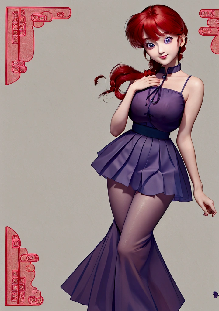 Create Female Ranma, Clear outline, Full body color photo, ( Beautiful and delicate eyes), ( pretty face:1.3), Wakaki's Smiling Face , long red hair， Bangs,  blue-gray eyes ,  big eyes， Chubby  ，(Chinese Hansel :horse face long skirt),top:  Fit Purple Chiffon High Waist Loose Elegant Nine Split Pleated Long Skirt(actual:1.2),(Floral),   (actual上下身衣服是:3.7. Scale)。