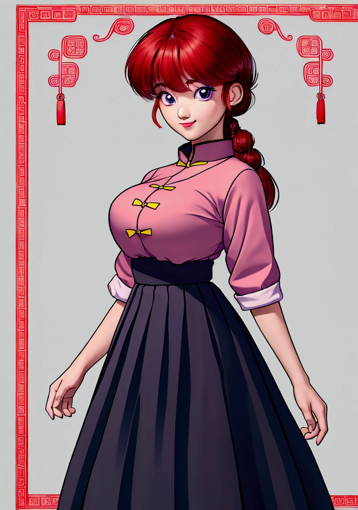 Create Female Ranma, Clear outline, Full body color photo, ( Beautiful and delicate eyes), ( pretty face:1.3), Wakaki's Smiling Face , long red hair， Bangs,  blue-gray eyes ,  big eyes， Chubby  ，(Chinese Hansel :horse face long skirt),top:  Fit Purple Chiffon High Waist Loose Elegant Nine Split Pleated Long Skirt(actual:1.2),(Floral),   (actual上下身衣服是:3.7. Scale)。