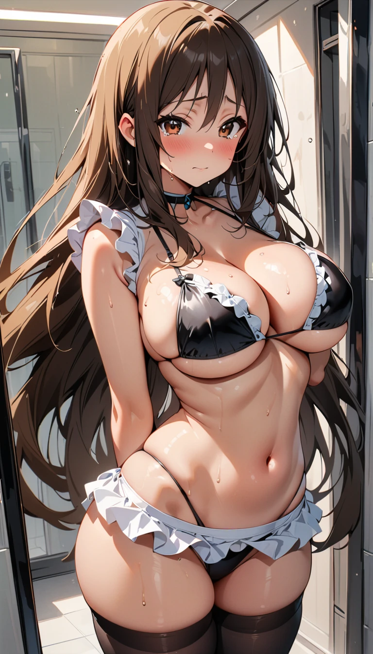 (curvy, large breasts),((sexy),under sized,maid bikini, (see-through maid bikini,Sticky maid bikini), cleavage),((1girl, yamanaka sawako, K-ON!)), beautiful detailed eyes, black eyes,(cute eyes), black thigh highs, arms behind back, (Carving Waistline), Shower room,(cowboy shot, from front), Best Quality, Super detailed, masterpiece,  ultra high resolution, 8k,  embarrassing, blush,  wonderful, ( with tears in her eyes), closed mouth, sweat