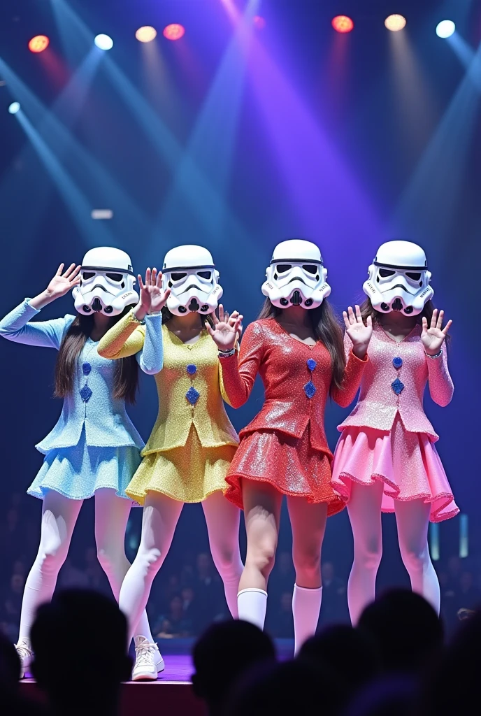 Four idols performing on stage, wearing colorful idol outfits with Stormtrooper helmets, vibrant lights illuminating the scene, energetic atmosphere, dynamic poses, audience cheering, detailed costumes,