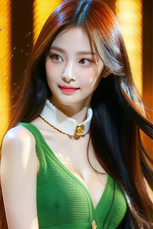 perfect figure beautiful woman：1.4，long Hair Style，Protruding cleavage，top clothing：1.5，Highly Detailed Face and Skin Textur，double eyelid，Whiten the skin，orange long hair，playing water，Collar golden, golden green eyes, bambi eyes, red hair