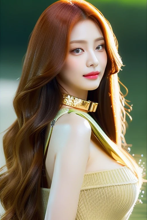 perfect figure beautiful woman：1.4，long Hair Style，Protruding cleavage，top clothing：1.5，Highly Detailed Face and Skin Textur，double eyelid，Whiten the skin，orange long hair，playing water，Collar golden, golden green eyes, bambi eyes, red hair