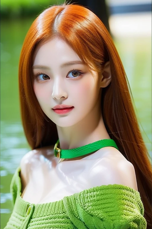 perfect figure beautiful woman：1.4，long Hair Style，Protruding cleavage，top clothing：1.5，Highly Detailed Face and Skin Textur，double eyelid，Whiten the skin，orange long hair，playing water，Collar golden, golden green eyes, bambi eyes, red hair