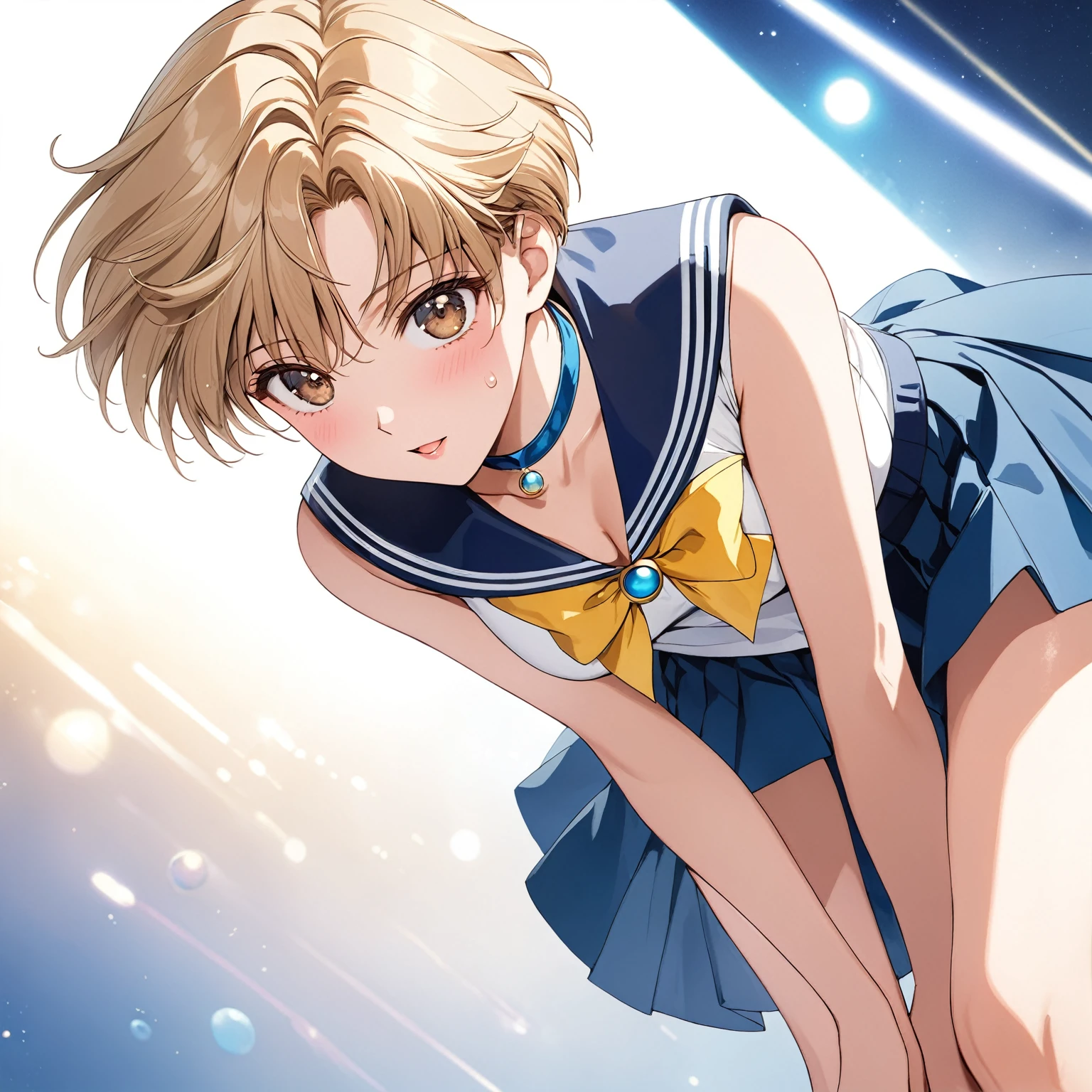 masterpiece, Best Quality, High resolution,16k,official art,super detailed skin,detailed,animated painting,(Sailor uranus:1.5),(E-cup beautiful breasts)、 (tall:1.2),height: 175cm,Fashion model body type、clevage,Sexy long legs, pale blondy hair,very shortcut hair、boyish,brown eyes,  (sailor uranus costume,sleaveless white shirt,blue collar,blue ribon,blue skirt:1.5),Sweating all over the body、Muscular、1girl,solo,shy,blush,(vulgarity:1.2)、(Ahegao:1.3),Anime-style painting style,Close up on upper body,Cinematic lighting,Superfine,Seductively Posing,dynamic angle,extreme closeup shot,simple white background