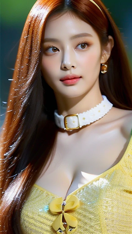 perfect figure beautiful woman：1.4，long Hair Style，Protruding cleavage，top clothing：1.5，Highly Detailed Face and Skin Textur，double eyelid，Whiten the skin，orange long hair，playing water，Collar golden, golden green eyes, bambi eyes, red hair