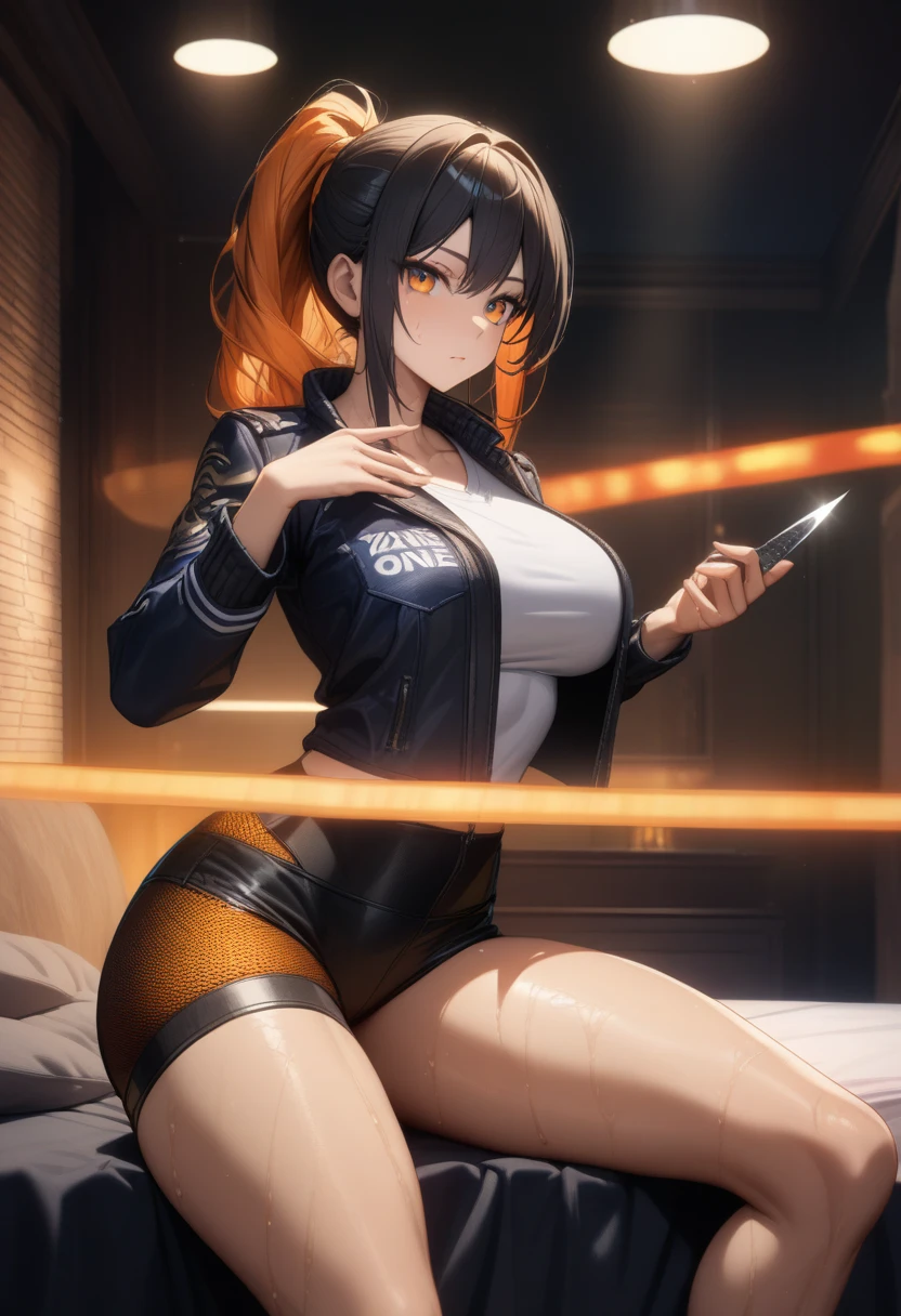 masterpiece,best quality,high resolution,8k,ultra HD,wallpaper,illustration,perfect face,cowboy shot,beautiful detailed eyes,extremely detailed face,perfect lighting,extremely detailed CG,perfect anatomy,perfect body,perfect hands,perfect fingers,1woman,full body,,muscle fighter body,(black long ponytail hair with orange mesh line hair:1.3),orange eyes,large breasts,Medium ass,,(blue open police jacket inner white shirt),black short hot pants,clothed,,collarbone,,looking at viewer,(single silver butterfly knife),Steam,sweat, on the bed,(Zenless Zone Zero character Zhu Yuan),adult,