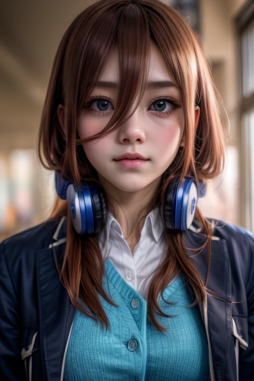 "A hyper-realistic portrait of teenage girl Nakano Miku, shot with an Arri Alexa LF and Zeiss Master Prime 50mm lens at f/1.4, in golden hour lighting, with headphones around her neck, wearing a school uniform consisting of a blue knitted jacket, green skirt, tights, and an open black coat with long sleeves, capturing intricate details and a cinematic bokeh background, inspired by Roger Deakins' use of natural light."