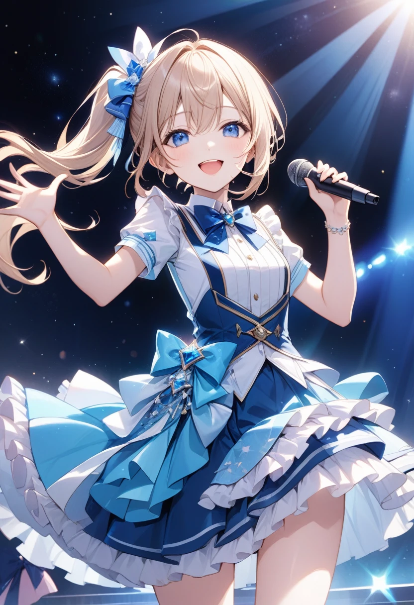  Best Quality、  absurd、  1 girl、Alone、Starry sky、 thin青色の髪、 blue eyes 、happiness、smile、Open your lips、thin、 side lock、  side ponytail 、Tightening、 Idol、Idol服、ホロライブIdolユニフォーム、Bow tie、    blue skirt    、brooch、 dress、  frill skirt、I'm singing on my microphone  、