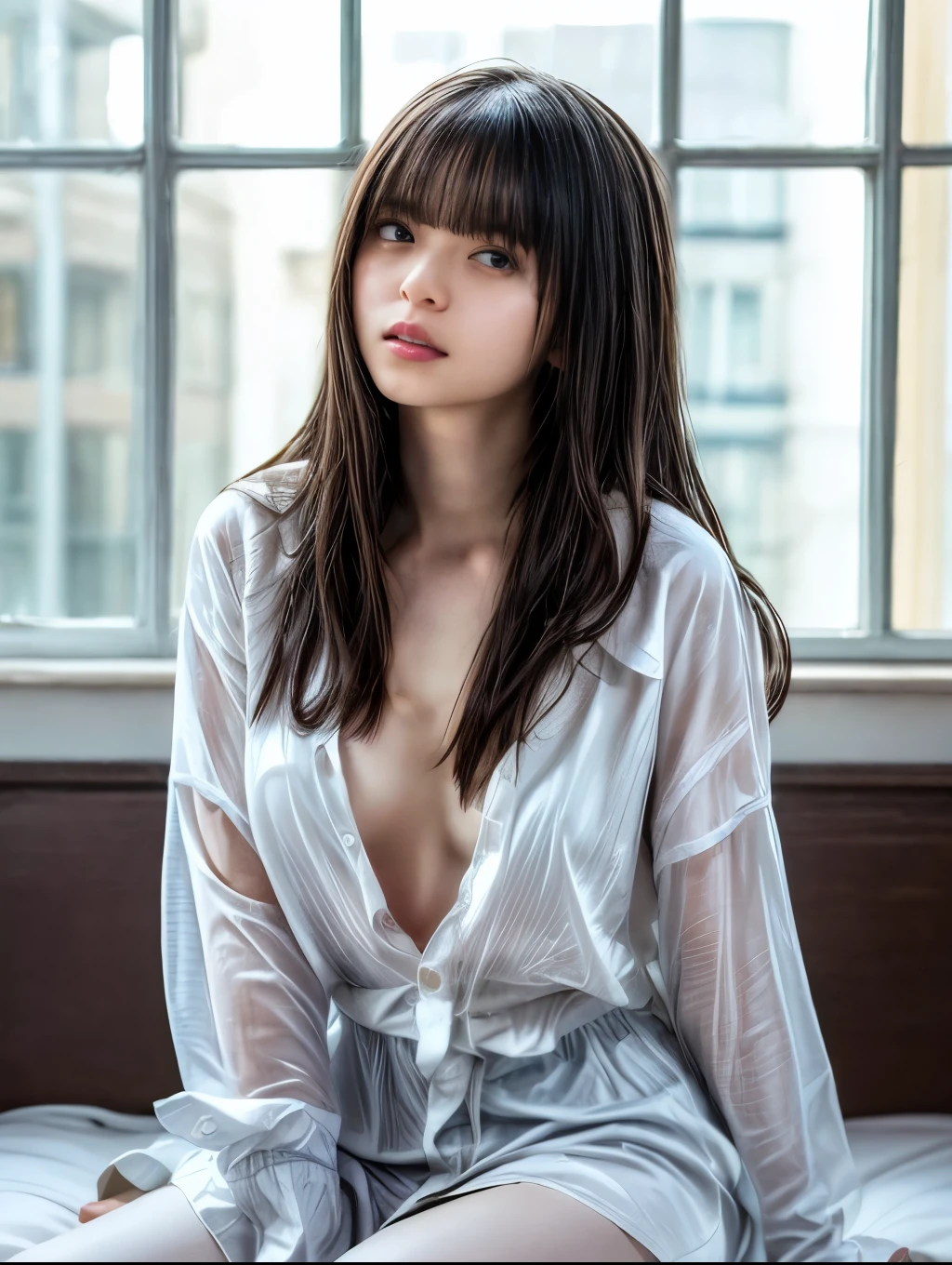 (extremely detailed CG unity 8k wallpaper), (masterpiece), (best quality), (ultra-detailed), (best illustration), (best shadow), ultra-high res, (photorealistic:1.4), 1girl at home, ((very oversize shirt, buttoned shirt, open shirt)), (man shirt), no bra, collarbone, (small breasts:1.2), small, (long hair:1.2), looking at viewer, light smile, upper body, makeup,