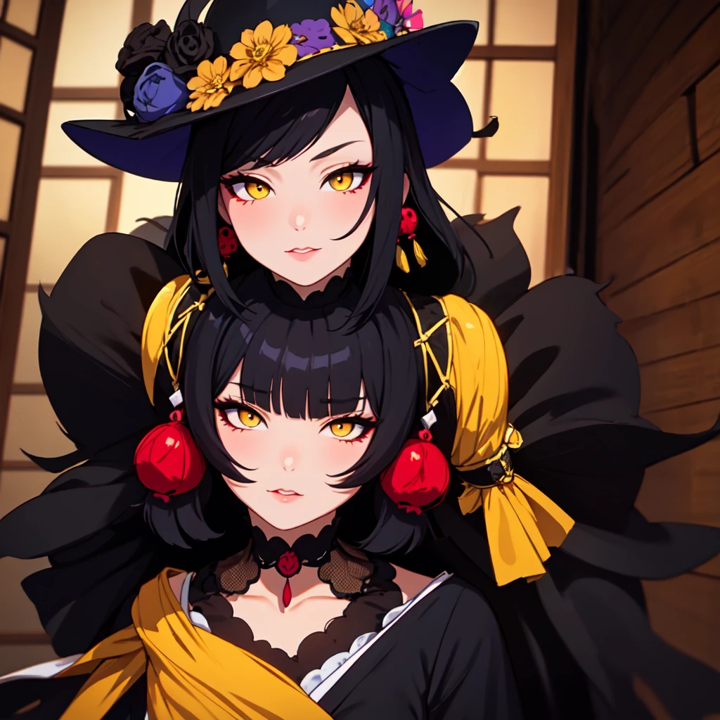 Create a girl dressed as Catrina with Japanese features, black hair and yellow eyes , with black clothes in the Mexican but Victorian style.