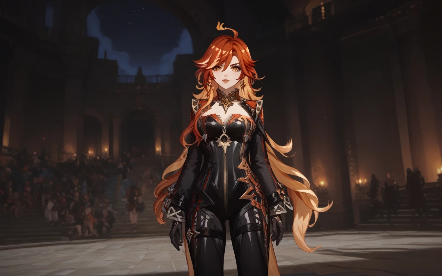 1girl, mavuika_(genshin_impact), long_hair, bodysuit, looking_at_viewer, wide_hips, ahoge, orange_hair, blonde_hair, orange_eyes, multicolored_hair, lips, black_bodysuit, streaked_hair, very_long_hair, gloves, jewelry, solo_focus, standing