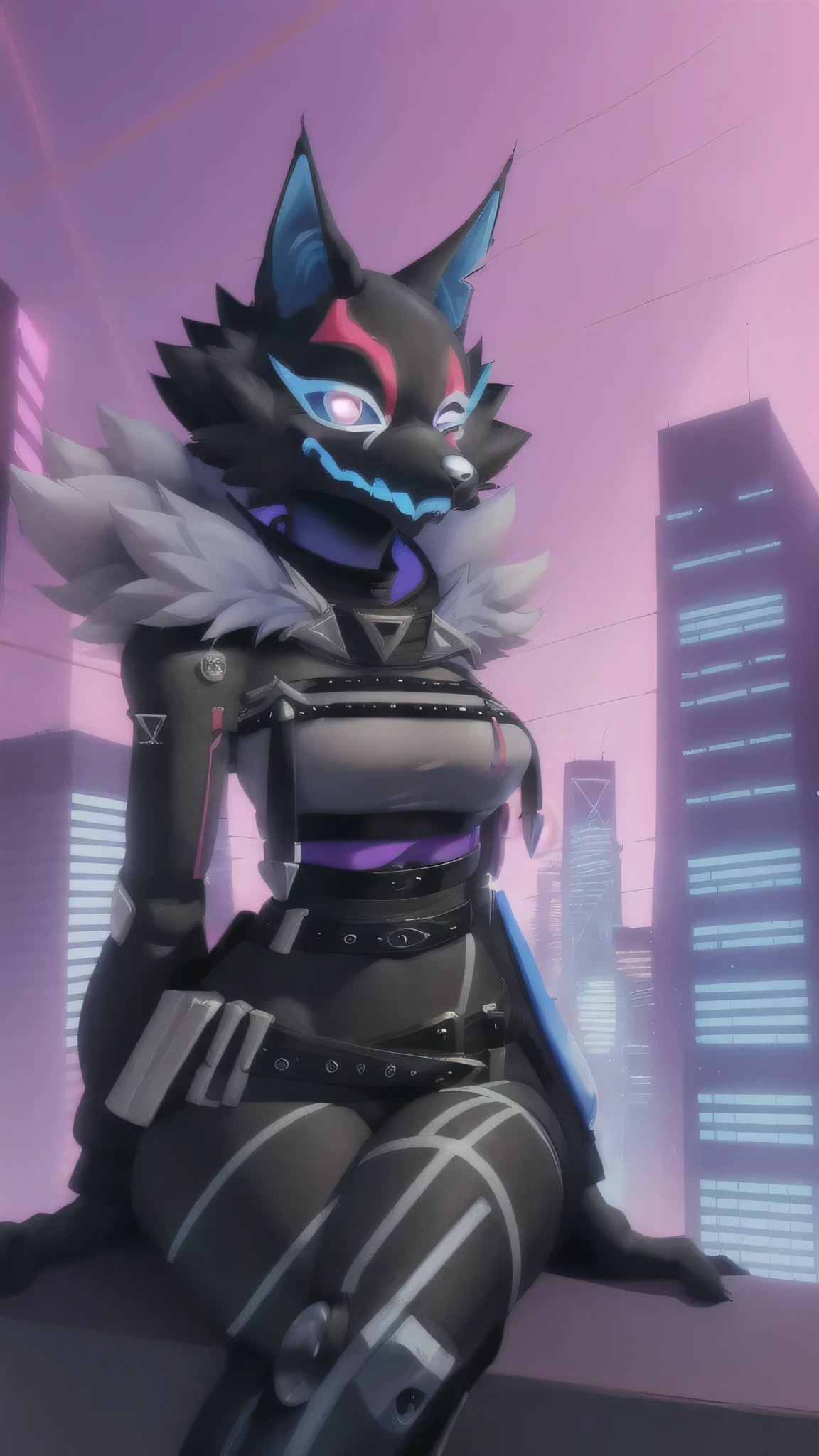 tightrope,  hairy anthropomorphic female , Wolf girl, Standing, portrait, tranquil, Alone, ( body fur:1.2), (la mejor calidad), (cyberpunk city background:1.2),  medium breasts,  'dramatic lighting',  detailed fluffy fur ,  Looking at the spectator,  detailed fluffy fur ,  crop top, sitting, office