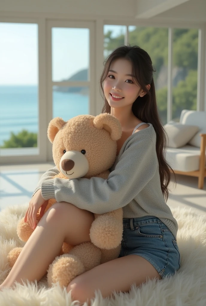 Hyper realistic,ultra hd 
of Cute Indonesian woman wearing a gray sweater, jeans shorts. was sitting on the white fur carpet she was hugging a big teddy bear. in a villa room on the coast